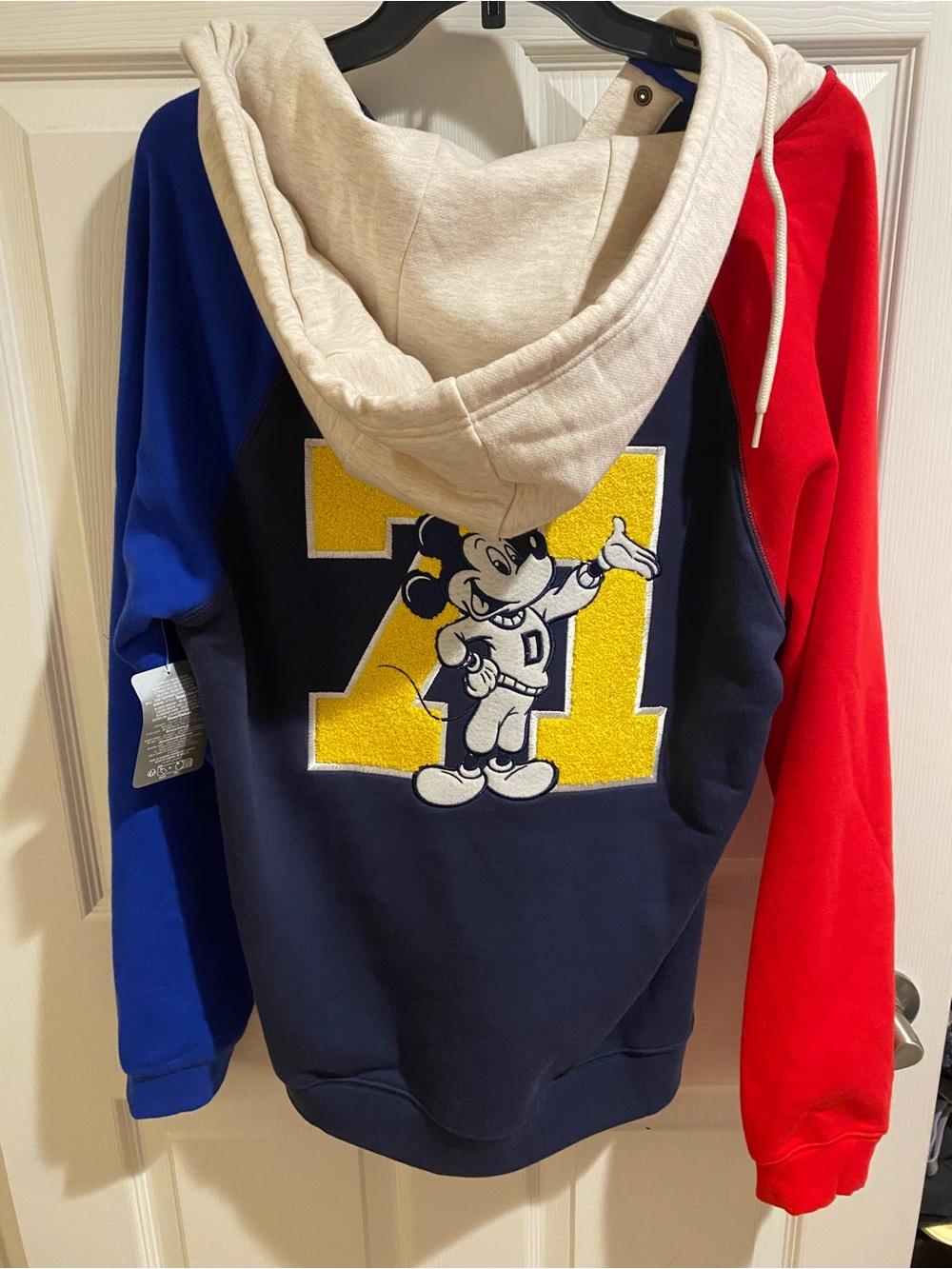 Disney Colorblock Hoodie in Navy, Royal Blue, Red & Cream with Mickey Patch